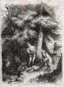 Angelique (Angelica) rescue Medor (Medoro) wesse - engraving of 1851 from “” Furious Roland”” (Orlando furioso) (16th century) by Ludovico Ariosto, known as the Ariosta - Edition translated from Italian by the Count of Tressan and published by Gustave Harv av Unknown artist