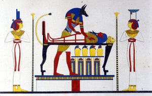 Anubis og en mumie - i "" Monuments of Egypt and Upper Nubia"" av Ippolito Rosellini (Rossellini). av Unknown artist