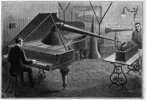 Apparat for innspilling av et pianostykke av fonografen, en oppfinnelse av Thomas Alva Edison (1847-1931). Gravering i "" Nature. Journal of science og dets anvendelser til kunst og industri. av Unknown artist