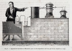 Apparat av Antoine Laurent de Lavoisier og Meusnier for dekomponering av vann med jern oppvarmet til rødt - i "" Les wonders de l