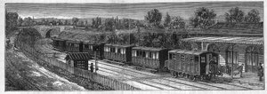 Application of Faure batteries: Electric train on a railway voice in a station. Engraving in “” Le Monde Illustré”” av Unknown artist
