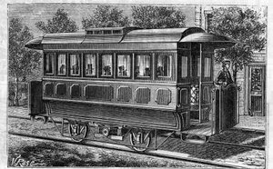 Application of Faure batteries: Electric tramway, model of the company of Omnibus, powered by batteries. Engraving in “” Le Monde Illustré”” av Unknown artist