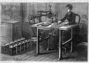 Bruk av Faure-batterier: skjæremaskin for stoff som drives av akkumulatoren. Gravering i "" Le Monde Illustré"" av Unknown artist