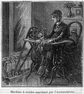 Bruk av Faure-batterier: elektrisk symaskin som går gjennom akkumulatoren. Gravering i "" Le Monde Illustré"" av Unknown artist