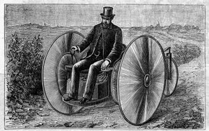 Bruk av Faure-batterier: elektrisk trehjulssykkel som beveger seg gjennom akkumulatoren. Gravering i "" Le Monde Illustré"" av Unknown artist