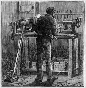 Application of Faure batteries: turn of a craftsman powered by the accumulator. Engraving in “” Le Monde Illustré”” av Unknown artist