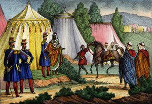 Arabisk leder tilbyr en hest til en offiser fra den franske hæren i Afrika, Algerie av Unknown artist