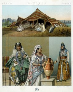Arabisk telt, algeriske kvinnekostymer - i "" Le costume historique"" av Racinet av Unknown artist