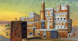 Arabisk arkitektur: «Utsikt over et hus typisk for byen Sana#39;a (Sana, Sana#39;a) i Jemen» (Utsikt over et hus i den gamle byen Sana#39;a, Jemen) kromolitografi fra 1930-tallet Privat samling av Unknown Artist