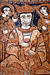Portrett i Arabonormand-stil av Roger II av Sicilia (1095-1154) omgir høye dignitærer. Maleri på tre fra 1100-tallet. Palermo, Cappella Palatina del Palazzo Reale (Palatine Chapel of the Royal Palace) Sicilia, Italia av Unknown artist