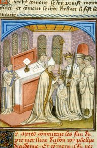 Erkebiskop kronet Philippe Auguste i 1179 - Middelalderens belysning (ref. 512, 226r) Be om tillatelse fra kommunalbiblioteket i Toulouse (tlf: 05 62 27 66 66) av Unknown artist