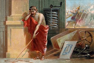 Archimede av Syracuse (287-212 f.Kr.) plotter geometriske former på bakken, for snart å stoppe ved romerske soldater nederst på scenen. På verkstedet hans kan man kjenne igjen hans forskjellige oppfinnelser: skruen og trillebåren. Kromolitografi fra det 19 av Unknown artist