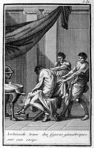 Arkimedes sporer geometriske figurer på kroppen sin. av Unknown artist