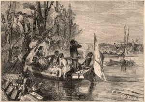 Rundt Paris i 1857. Kanopaderne i Asnieres. Gravering i “Le Monde illustrious”” fra 1857. Privat samling. av Unknown artist