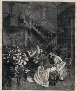 Around a score - Jules Massenet (1842-1912), French composer, playing with friends “Le portrait de Manon” - Engraving in “Le Progres illustrious” de 1895 av Unknown artist