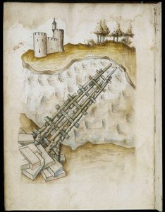 Arrangement av en trebro - Manuskript: pergamentark av en ingeniørhåndbok for bygging av sivile, religiøse og militære bygninger, anonym, sent på 1400-tallet (figur med kinesisk blekk) av Unknown artist