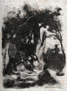 Arrival of Rodomont and Mandricard to the fountain of Merlin - engraving of 1851 from “” Roland furieux”” (Orlando furioso) (16th century) by Ludovico Ariosto, known as the Ariosta - Edition translated from Italian by the Count of Tressan and published by  av Unknown artist