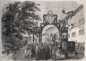 Ankomst av imponen Elisabeth av Østerrike (Sissi) (Elisabeth av Østerrike) i Bad Kissingen (Spa) i 1865 - gravering i "The Illustrous World" fra 1865 av Unknown artist