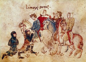 Arthurian Legend: "" Kong Arthur mykgjørende riddere (Meliadus (eller Meliodas), Esclabor og Arfasar (eller Arphasar)"" Miniatyr fra "" Meliadus, bror til Tristan"" Venezia Biblioteca Marciana fra 1300-tallet av Unknown artist