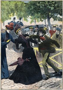 Attentatet på imponen Elizabeth av Østerrike (Sissi) av den italienske anarkisten Luccheni i Genève i 1898. Illustrasjon fra 1898. Privatsamling - Attentatet på keiserinne Elisabeth av Østerrike (Sissi) av den italienske anarkisten Luigi Lucheni, i Gen. av Unknown artist