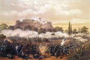 Assault of Chapultepec i september 1847 under krigen mellom USA og Mexico. Gravering fra 1850. av Unknown artist