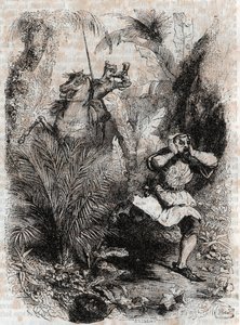 Astolphe får Caligorant til å flykte - 1851 gravering fra "" Furious Roland"" (Orlando furioso) (1500-tallet) av Ludovico Ariosto, kjent som Ariosto - Edition oversatt fra italiensk av greven av Tressan og utgitt av Gustave Harvard 1851 av Unknown artist