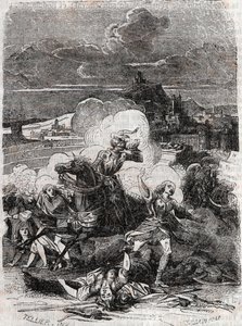 Astolphe får drapskvinner til å flykte - 1851 gravering fra "" Furious Roland"" (Orlando furioso) (1500-tallet) av Ludovico Ariosto, kjent som Ariosta - Utgave oversatt fra italiensk av greven av Tressan og utgitt av Gustave Harvard 1851 av Unknown artist