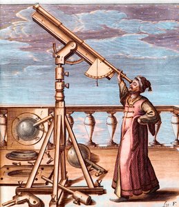 Astronom observerer himmelen med et teleskop - fra: Johannes Hevelius (1611-1687), Selenographia, sive Lunae descriptio (Selenography, or A Description of the Moon) av Unknown artist