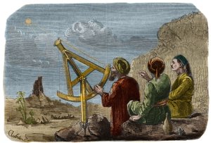 Astronomi: Arabiske forskere hever solens høyde i Babylonssletten rundt 825. De bruker en kvart sirkel med nåler. Gravering fra 1857 i "" Le Musee Des Sciences"" av Unknown artist