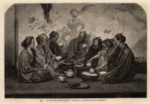 Ved middagen til en borgerlig familie samles menn på tatami, rundt små kaffebord, spiser ris i en individuell bolle og serverer kjøtt og grønnsaker i en felles rett, mens de drikker te, serverer to kvinner tjenesten. Gravering for å illustrere reisen til J av Unknown artist