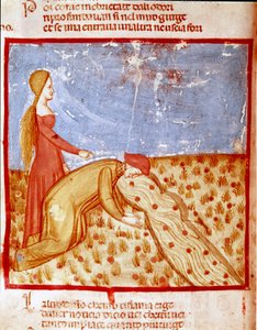 Ved inngangen til Paradise møter Dante Mathelda, og drikker vann fra Eunoe-elven, noe som gjør minnet om gode ting oppnådd. Opplyst side som illustrerer en sang fra Paradiset fra "Divina Commedia" av Dante Alighieri (1265-1321). 14. årh av Unknown artist