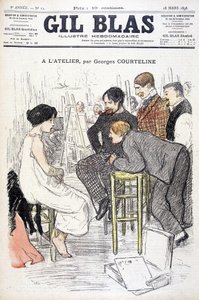 På verkstedet av Georges Courteline. Mann som ser på en kvinne som poserer i et verksted. I "" Gil Blas"", den 18/03/1898. av Unknown artist
