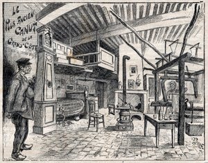 Atelier de Canut a Lyon - the oldest canut of the Grand Cote since 1814 engraving in “Le Progres illustrious”” of 1895 av Unknown artist