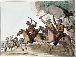 Angrep av kamelkaravane av en gruppe kirgisere (sentralasiatiske tyrkere av mongolsk opprinnelse) på hesteryggen, Deb. 1800-tallet av Unknown artist