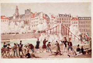 Angrep på rådhuset i Paris og slaget ved Arcola-broen, 28. juli 1830 (Gravering) av Unknown artist