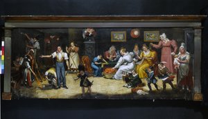 Til den gode familiefaren. Tapetserer-dekoratørskilt. Rue Mouffetard, 5. arrondissement, Paris, ca. 1825 (skilt) av Unknown artist