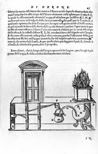 Automatisk mekanisme designet av Heron of Alexandria (den eldste) (1. århundre) for å åpne og lukke dørene til et tempel. Heron, Spiritalia av Unknown artist