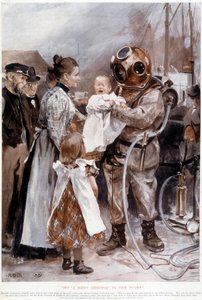 Baby gråter i armene til farens scaphandler. av Unknown artist