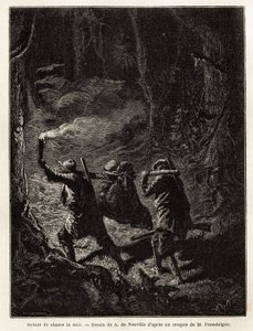Tilbake fra jakt om natten blir byttet, en bjørn, bundet opp og hengt opp i en gren som jegerne bærer på skulderen. Gravering for å illustrere historien Quatre mois en Florida, av M. Pousselgue, i 1851-1852, publisert i "" le tour du monde", under av Unknown artist