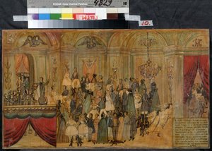Ballkostyme med djevelen (Fancy-dress Ball with Devil). Anonym tegning, tidlig 1800-tall, akvarell og gouache på papir. State Central A. Bakhrushin Theatre Museum, Moskva av Unknown artist