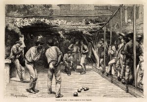 Ballspillere i Roma (Italia). Gravering for å illustrere reisen til Roma, av Francis Wey, i 1864-1868, publisert i "Le tour du monde, nouveau journal des voyages", under ledelse av Edouard Charton av Unknown artist