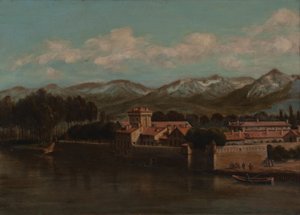 Banks of the Isère i Grenoble, fjellutsikt 1864 (Olje på lerret) av Unknown artist