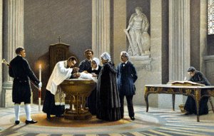 Dåp av en baby i en kirke. 1800-talls kromolitografi. av Unknown artist