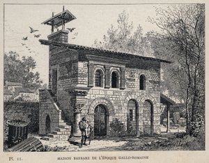 Barbarian House of the Gallo Roman Period (Gallo-romersk) - (Barbarian House Gallo Roman era) gravering fra 1889 i "History of human habitation at the Universal Exhibition of 1889, by Mr Charles GARNIER - Librairie centrale des beaux-arts Paris 1889 av Unknown artist