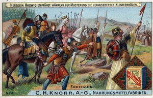 Barbarian Invasions - During the review of the troops, Duchess Hadwig receives the monks approaching in the background. av Unknown artist