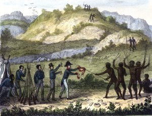Byttehandel mellom de innfødte og vestlendingene etter "" Razze e popoli della Terra", tidlig på 1800-tallet. av Unknown artist