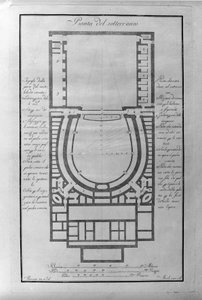 Kjellerplan av theatre de la Scala i Milano ca. 1776-1778 Italia (Teatro alla scala) (arkitektonisk kart over undergrunnen til teateret i Scala, Milano) Gravering av Unknown artist