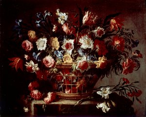 Kurv med blomster (olje på lerret av Unknown artist