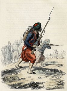Bataljon av Zouaves fra den franske Armee, sammensatt av innfødte, dannet av general Clausel i 1830 for ekspedisjonen av Atlas til Algerie, I "" L'Algerie ancienne et moderne"" av Leon Galibert av Unknown artist