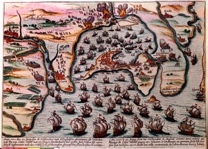 Battle Plan of Cales Males (Spania) 30. juni 1596. Flåten til den nederlandske og engelske hæren går inn som venner ved Cales Males med 180 skip. Dagen etter 1. juli, overrasket av forræderi, måtte de forlate byen med skam. Gravering av Unknown artist